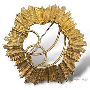 2.25" Gold Tone Sunburst Starburst Scroll‎ Brooch Pin Unmarked